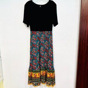 Loness Curve Size 1XL Floral Midi Dress MultiColor Tied Elastic Waist Cap Sleeve